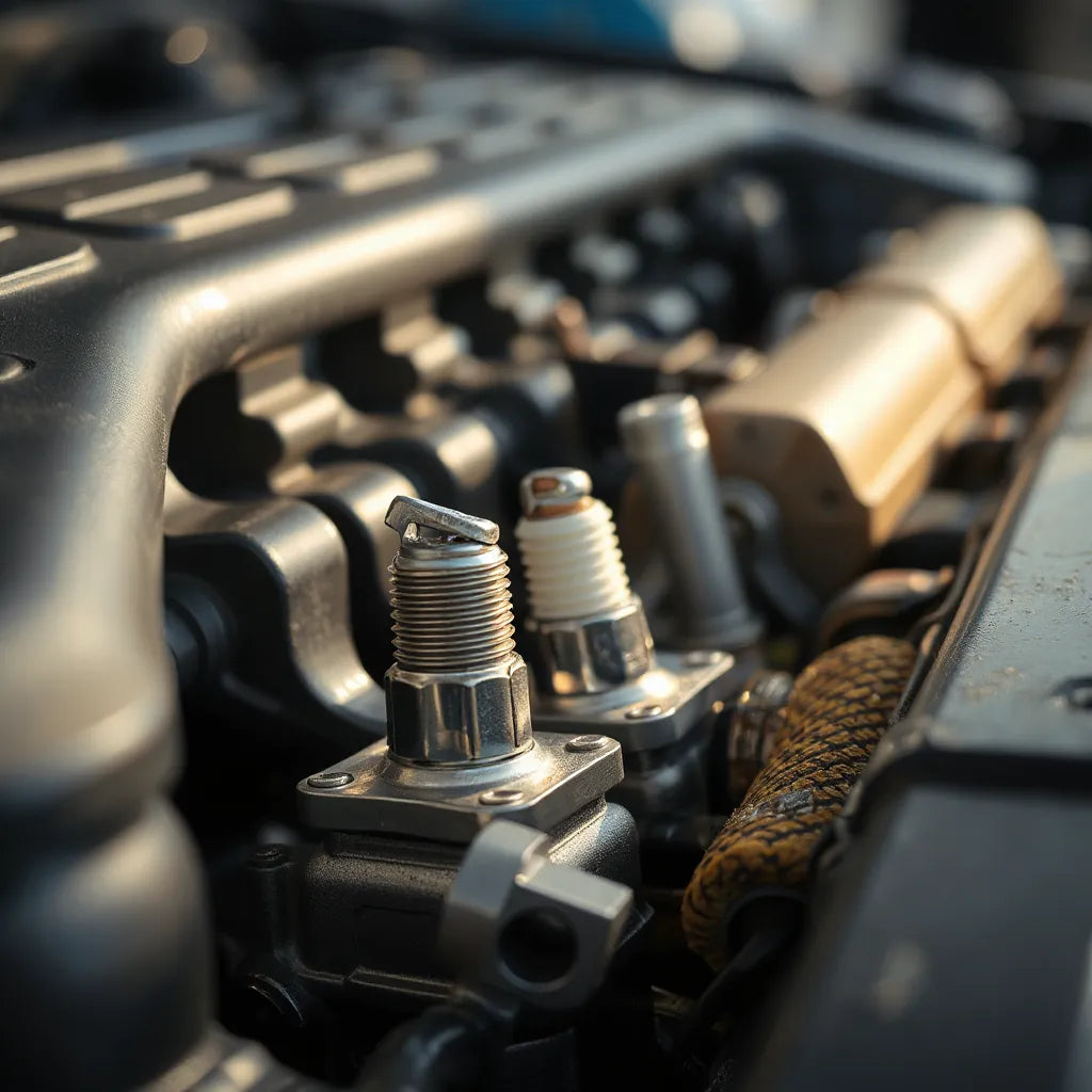 Metal automotive spark plugs near an engine head, showing ceramic insulators with soft lighting and shallow depth of field