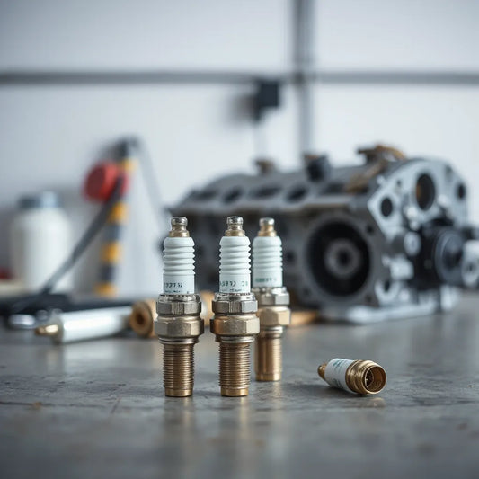 High-performance spark plugs set on a clean workbench with a blurred engine background
