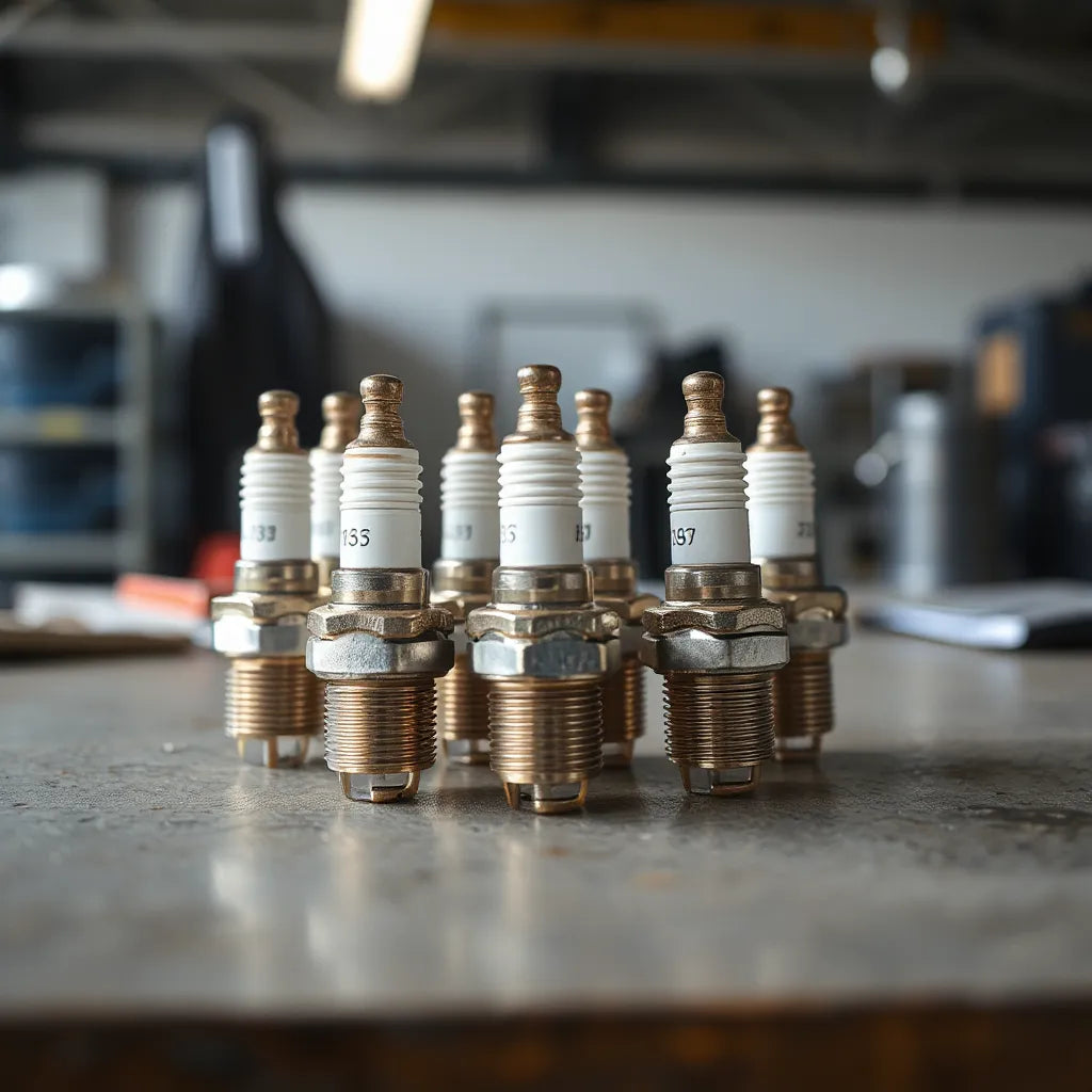 Iridium spark plugs with visible electrodes arranged on a clean workbench under soft light