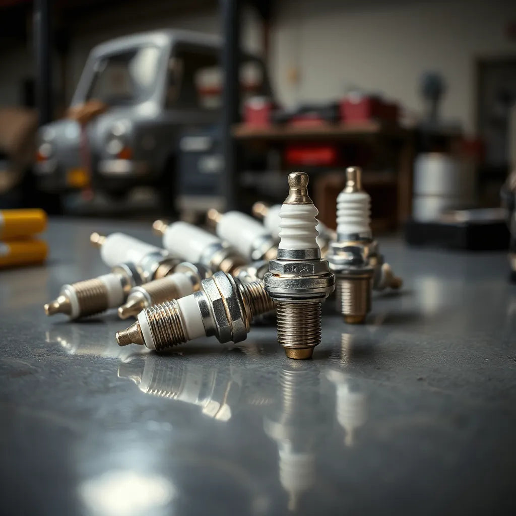 Iridium spark plugs arranged on a clean workbench with one plug in sharp focus