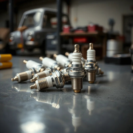 Iridium spark plugs arranged on a clean workbench with one plug in sharp focus