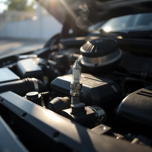 Spark plug in a clean engine bay with thinning exhaust smoke toward clearer air