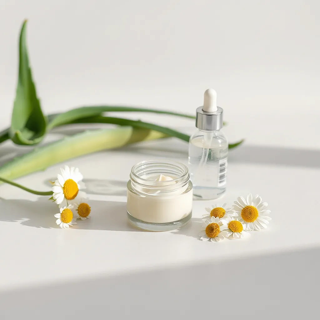 Organic skincare jar and dropper bottle with aloe leaves and chamomile flowers on a clean light background