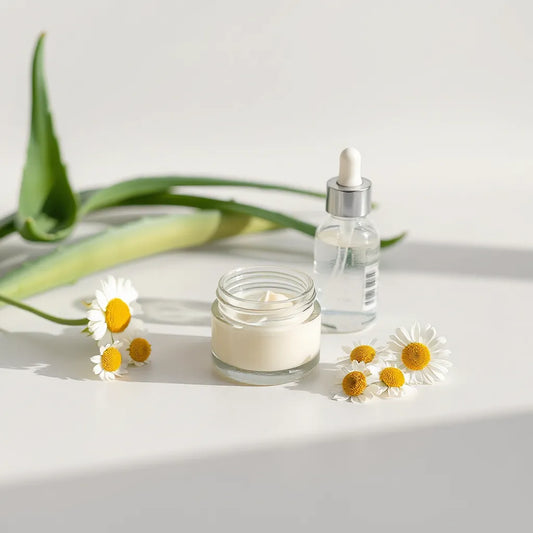 Organic skincare jar and dropper bottle with aloe leaves and chamomile flowers on a clean light background