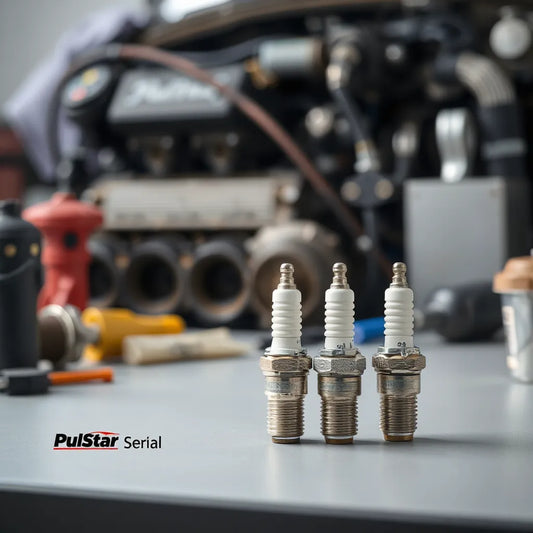 Pulstar spark plugs placed on a workbench with a softly blurred engine background