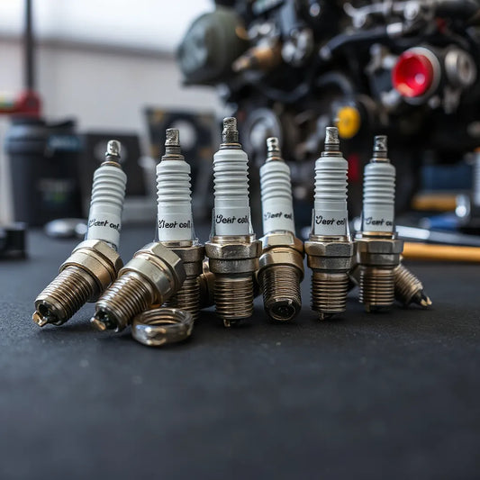 High-performance spark plugs arranged on a dark workbench with an engine blurred in the background