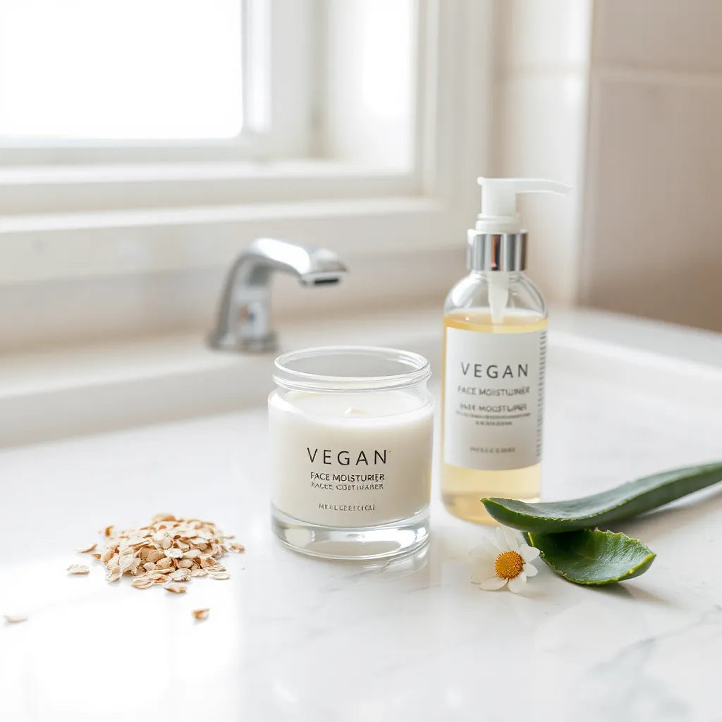 Vegan face moisturizer jar and pump bottle with natural skincare ingredients on a clean vanity