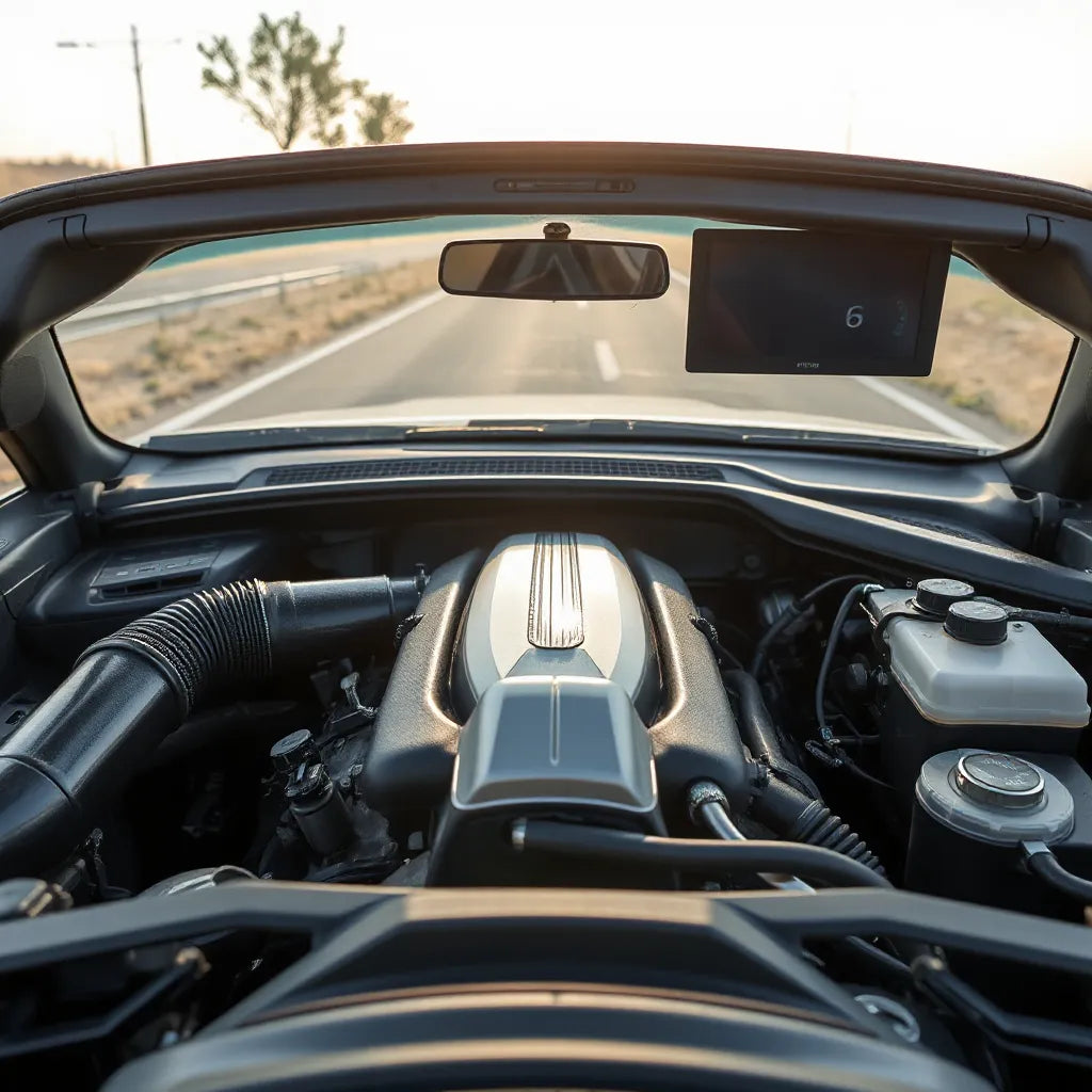 Clean car engine bay with a dashboard fuel economy gauge and road view ahead
