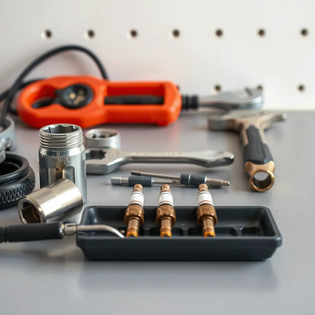 Spark plug socket, wrenches, gap gauge, and torque tools arranged on a clean garage workbench