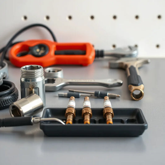 Spark plug socket, wrenches, gap gauge, and torque tools arranged on a clean garage workbench