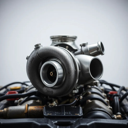 Turbocharger assembly in an engine bay connected to intake and exhaust components