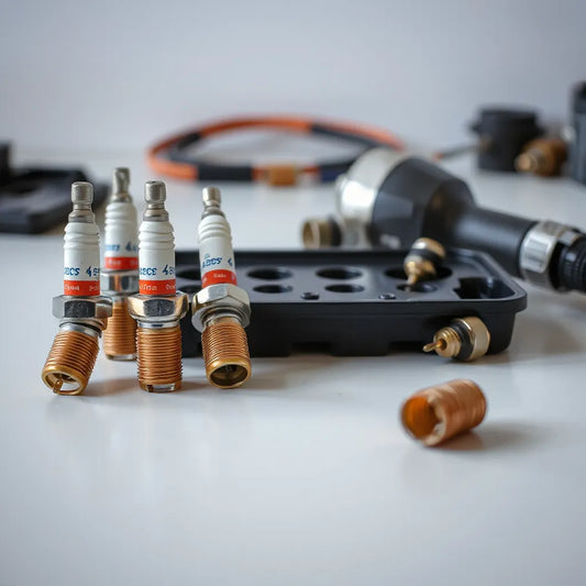 Spark plug kit components on a workbench with spark plugs and an engine part in soft focus