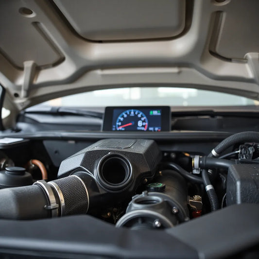 Modern car engine bay with a subtle fuel economy gauge and visible fuel system components