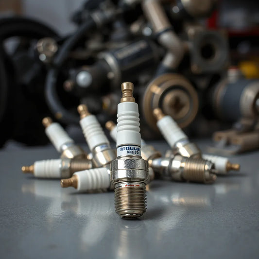 Iridium spark plugs on a clean workbench with one plug in sharp focus and a softly blurred engine background