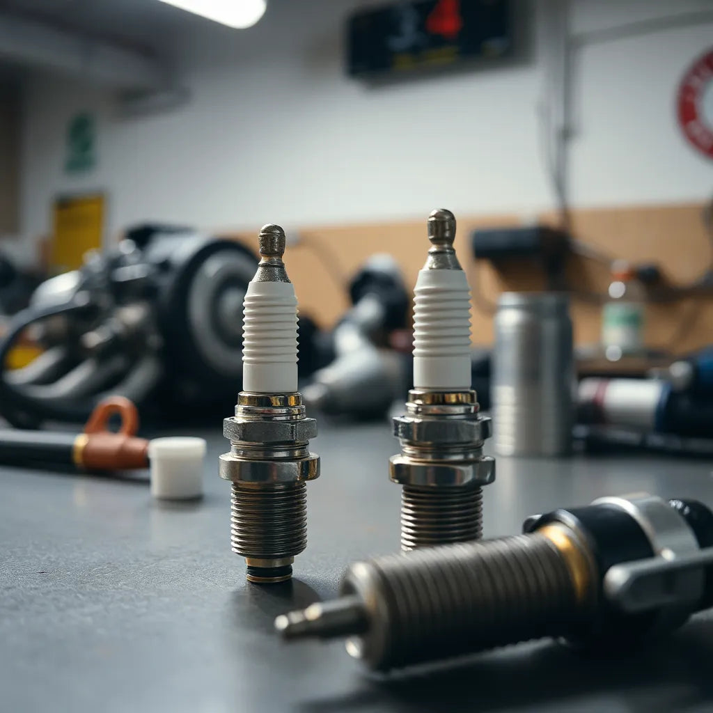 High-performance spark plugs arranged on a workbench with softly blurred engine parts in the background