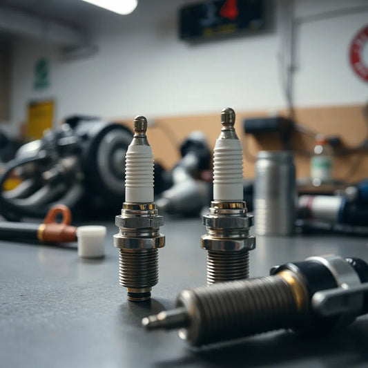 High-performance spark plugs arranged on a workbench with softly blurred engine parts in the background