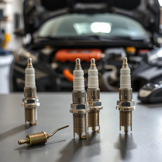 Assorted spark plugs on a clean workbench with a softly blurred vehicle engine in the background