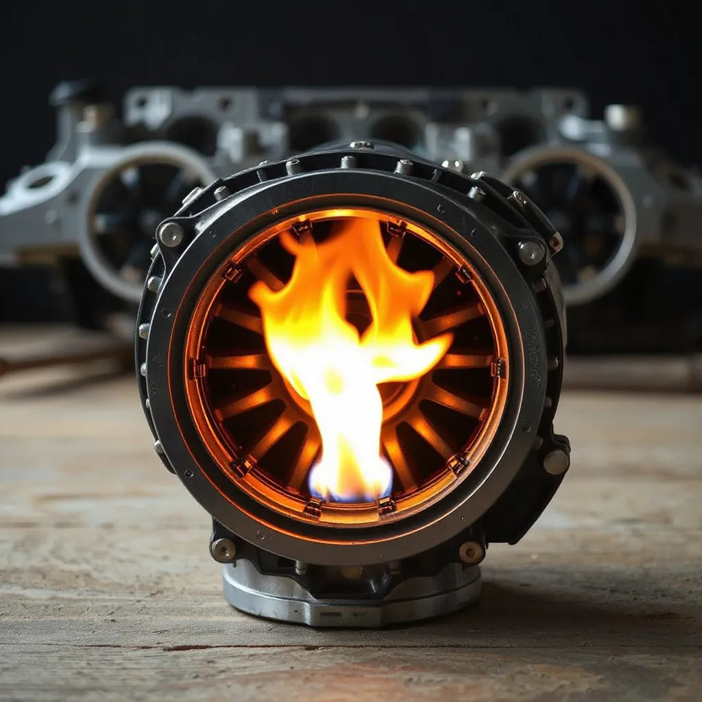 Engine combustion chamber cutaway showing controlled flame and fuel-air swirl patterns