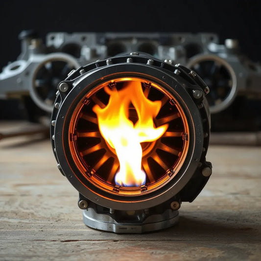 Engine combustion chamber cutaway showing controlled flame and fuel-air swirl patterns