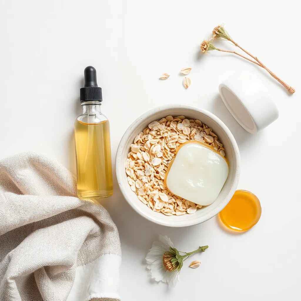 Natural skincare ingredients with botanical oils, aloe, oatmeal, and chamomile on a neutral background