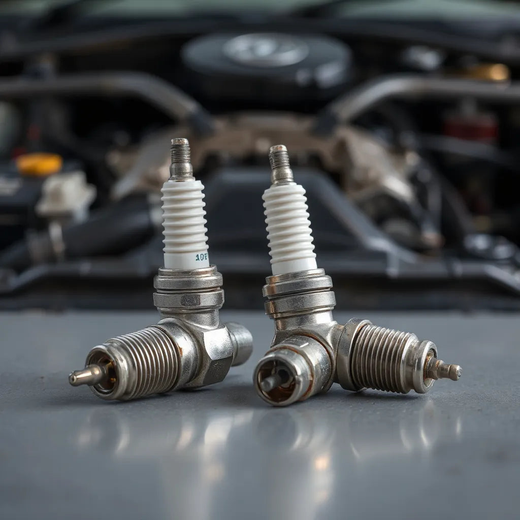 High-performance spark plugs with metallic electrodes on a clean workbench under soft lighting