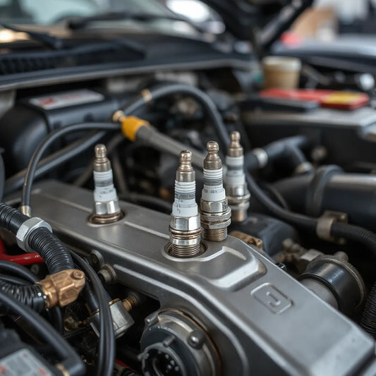 Spark plugs and ignition parts in a car engine bay, showing components near the cylinder head