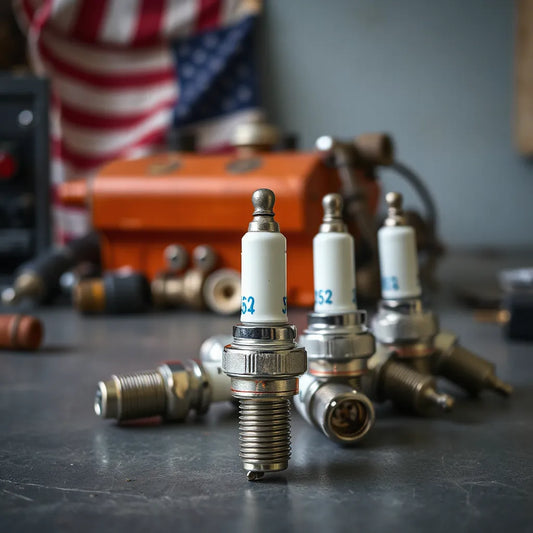 Close-up of USA made spark plugs on a clean workbench with an engine component blurred in the background