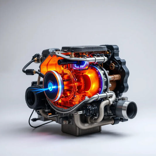 Engine combustion chamber cross-section showing blue plasma arc aiding ignition and a glowing fuel-air burn