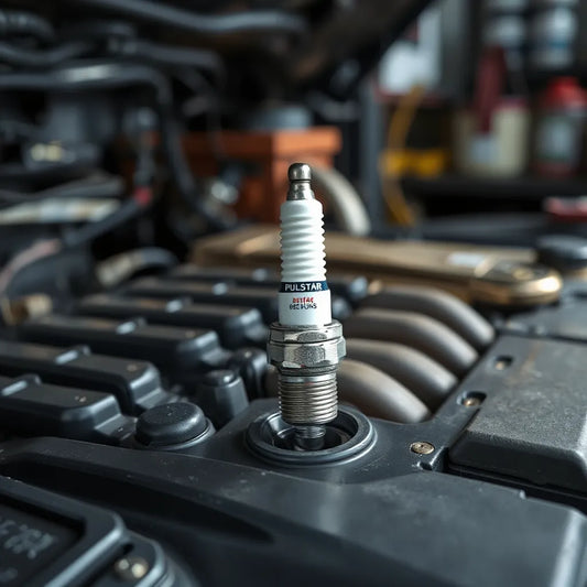 Spark plug held near an engine cylinder head to show replacement signs and proper ignition parts
