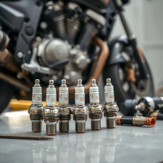Motorcycle spark plugs resting on a workbench with a softly blurred engine in the background
