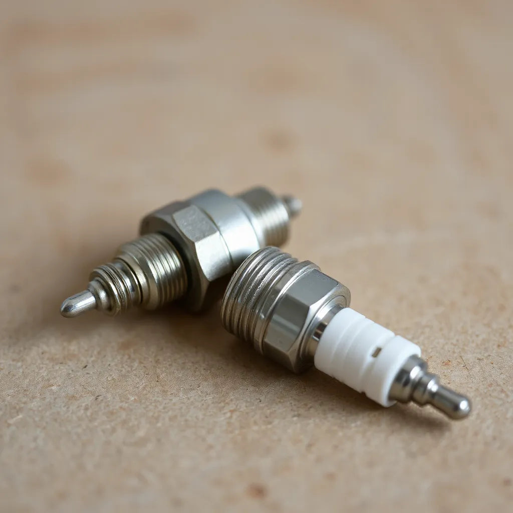 Customized spark plugs with detailed electrode and ceramic insulator on a clean workbench background