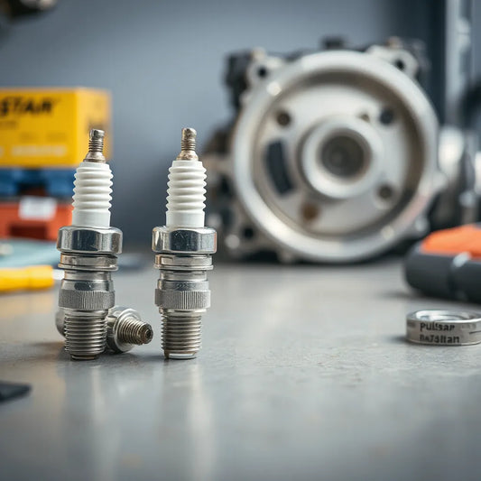 Pulstar spark plugs on a workbench with engine components softly blurred in the background