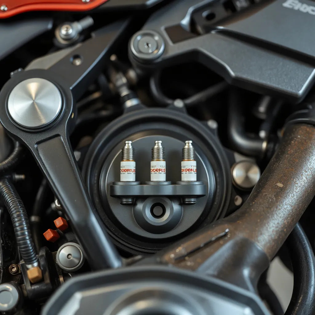 Motorcycle engine close-up showing spark plugs near the cylinder head