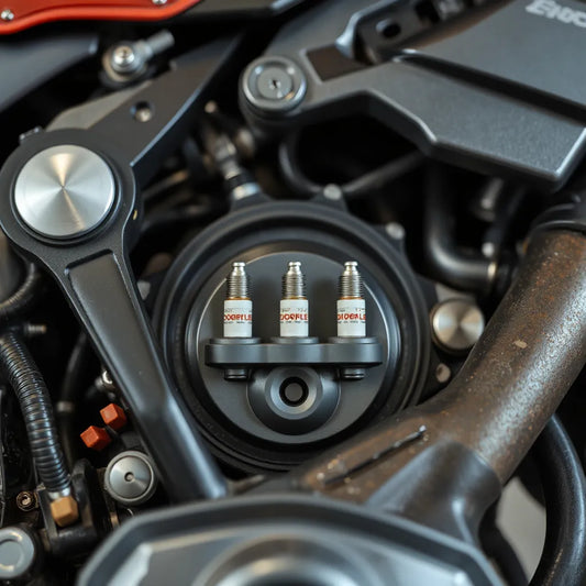 Motorcycle engine close-up showing spark plugs near the cylinder head